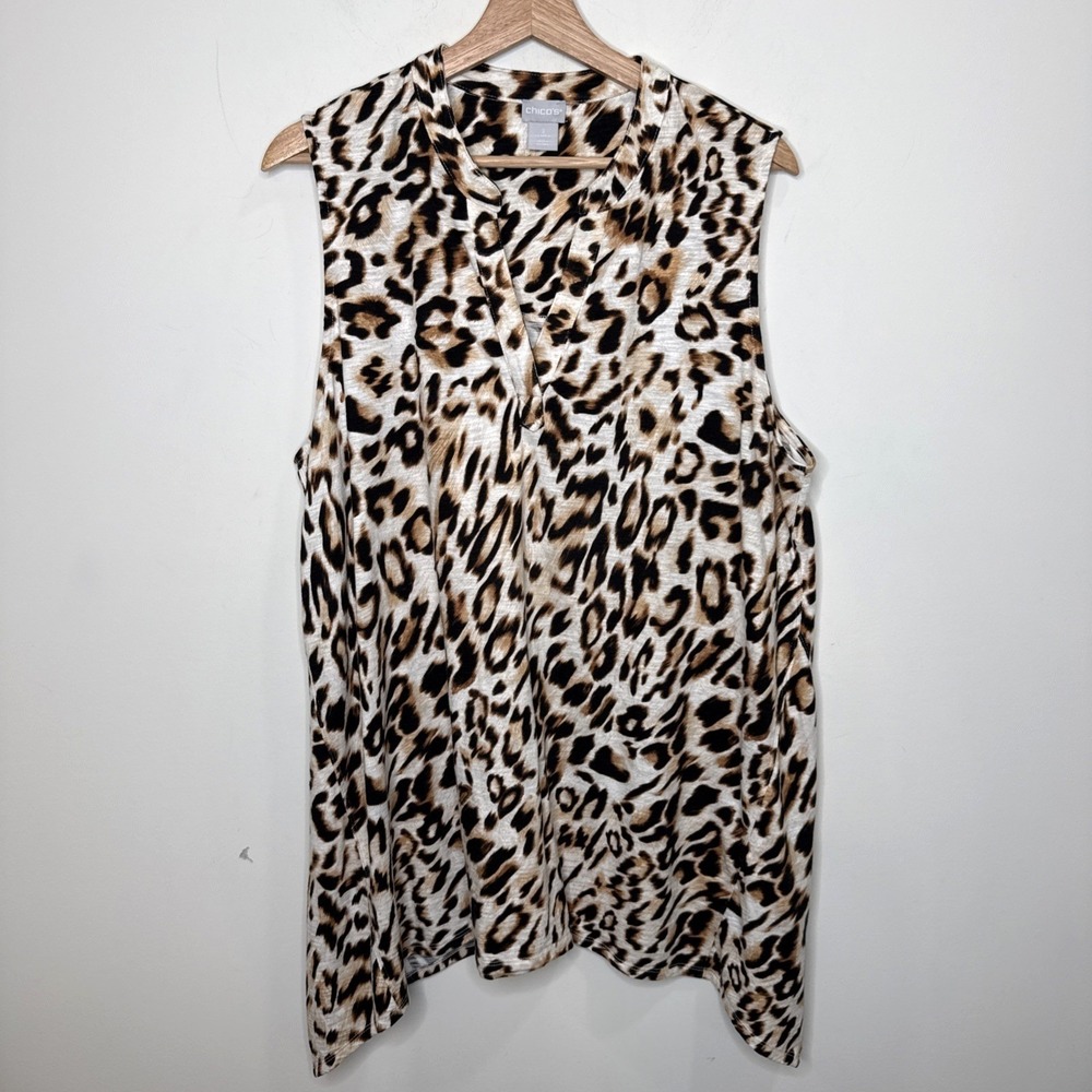 Chico's Slub Cool Ocelot Tunic Tank Leopard Asymmetric Sleeveless Top Art XL 3
